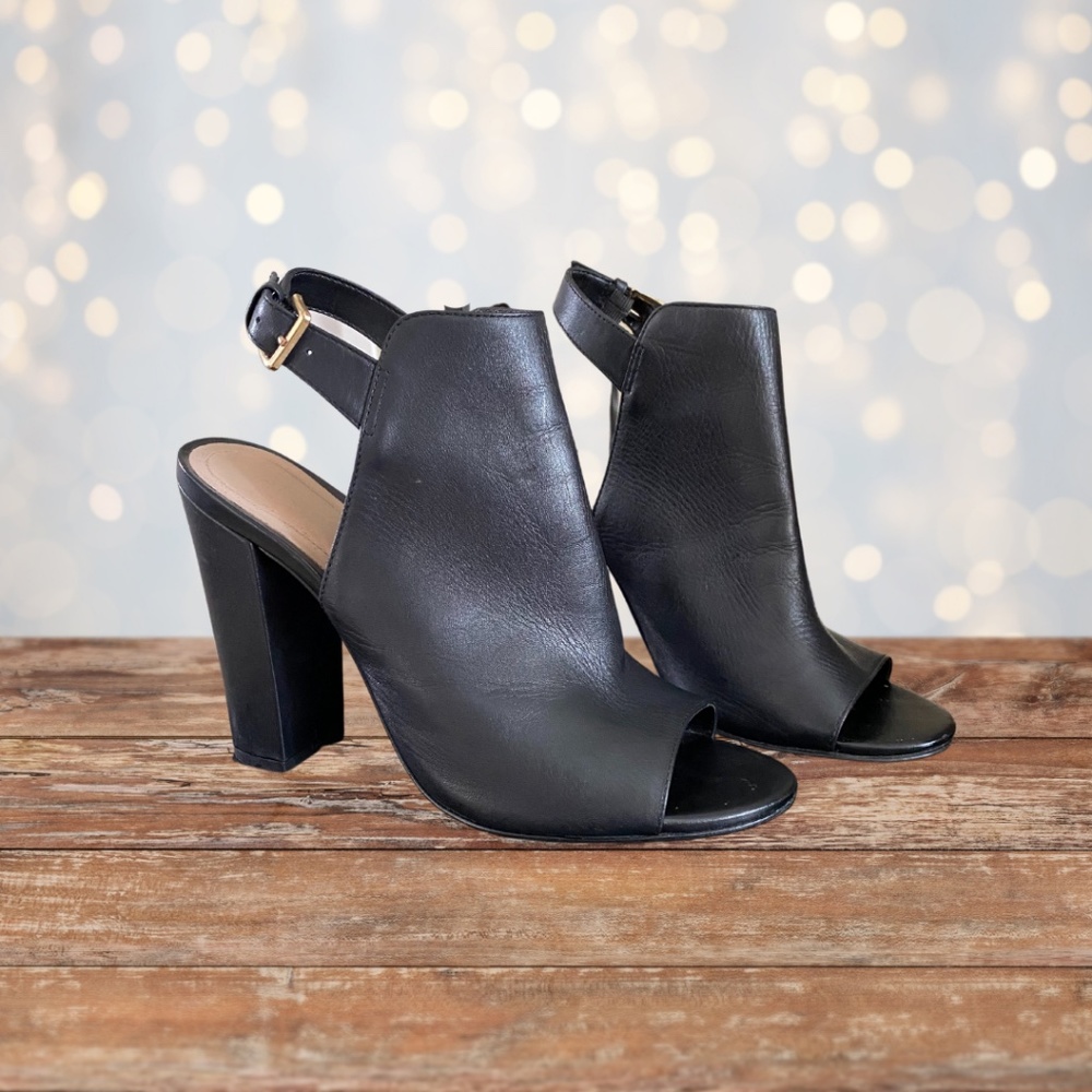 Black Leather Peep Toe Heels